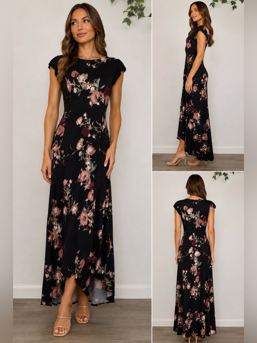 Vince Camuto Black Pink Floral Dress Asymmetrical Hem Midi Maxi 4